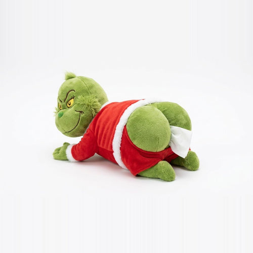 Green plush holiday grump tissue holder in a red suit with a tissue coming out of the back